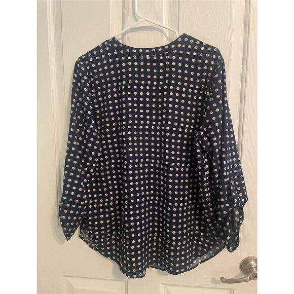 Adrienne Vittadini Women's XL Blue Polka Dot V-Neck Blouse Long Sleeve - Picture 5 of 5